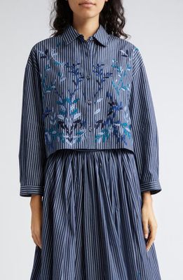 Loretta Caponi Assia Floral Embroidered Stripe Crop Button-Up Shirt in Blue Denim Leaves