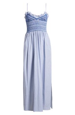 Loretta Caponi Bianca Embroidered Cotton Midi Sundress in Blue Stripes