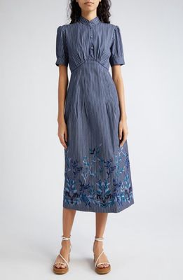 Loretta Caponi Clea Stripe Embroidered Midi Dress in Blue Denim Leaves