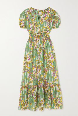 Loretta Caponi - Dalia Ruffled Shirred Floral-print Cotton-voile Midi Dress - Green