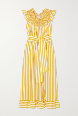 Loretta Caponi - Delfina Belted Smocked Striped Cotton-poplin Midi Dress - Yellow