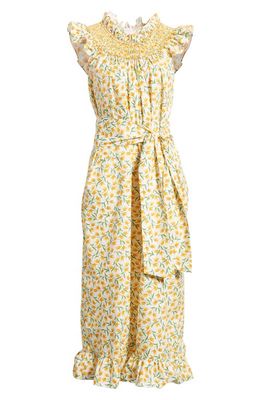 Loretta Caponi Delfina Floral Belted Midi Dress in Yellow Tulips