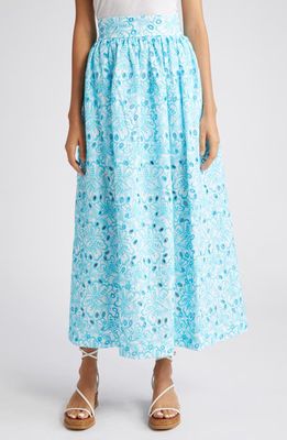 Loretta Caponi Edi Floral Embroidered Eyelet Skirt in Turquoise Fantasy