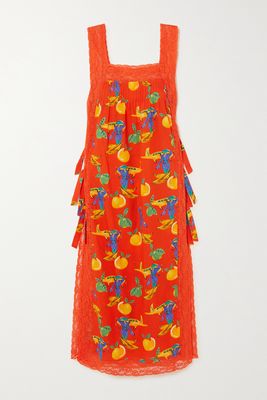 Loretta Caponi - Fiocchini Tie-detailed Lace-trimmed Printed Cotton-voile Maxi Dress - Red