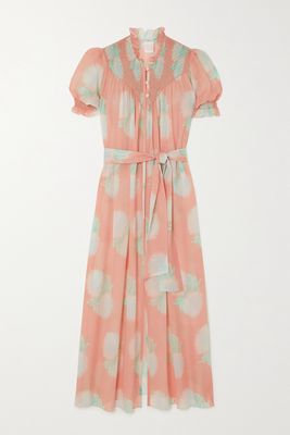 Loretta Caponi - Flaminia Belted Smocked Floral-print Silk-georgette Maxi Dress - Pink