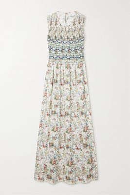 Loretta Caponi - Gioia Smocked Embroidered Floral-print Crepe De Chine Maxi Dress - Blue