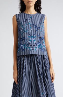 Loretta Caponi Hilary Floral Embroidered Stripe Sleeveless Top in Blue Denim Leaves