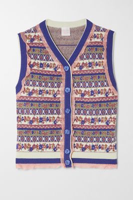 Loretta Caponi - Hodei Ruffled Jacquard-knit Wool-blend Vest - Blue