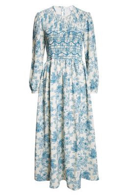 Loretta Caponi Lea Floral Print Long Sleeve Smocked Maxi Dress in Poppies In The Air