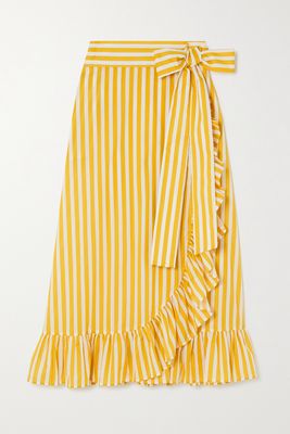 Loretta Caponi - Lou Ruffled Striped Cotton-poplin Wrap Skirt - Yellow