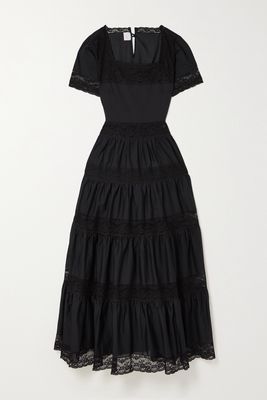 Loretta Caponi - Lulu Smocked Lace-trimmed Cotton-poplin Maxi Dress - Black