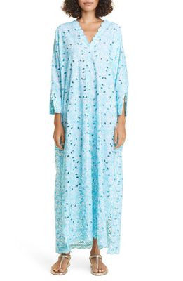 Loretta Caponi Valentine Eyelet Embroidered Caftan in Turquoise Fantasy