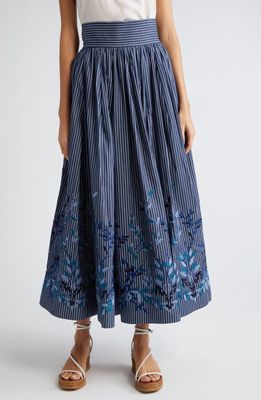 Loretta Caponi Vanessa Floral Embroidered Stripe A-Line Skirt in Blue Denim Leaves