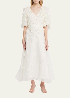 Lorie Floral-Applique Silk Midi Dress