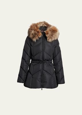 Loriot Belted Puffer Jacket with Faux Fur Ruff