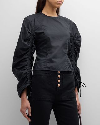 Lorna Ruched Puff-Sleeve Cotton Poplin Blouse