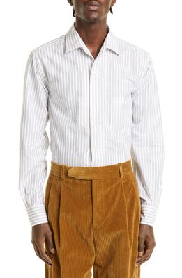 LORO PIANA Andre Multistripe Cotton Twill Button-Up Shirt in Micro Stripes White/Brown