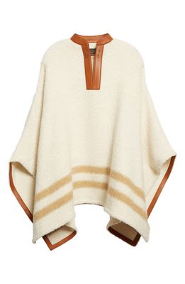 LORO PIANA Avice Leather Trim Alpaca Blend Bouclé Cape in White/Cornfield