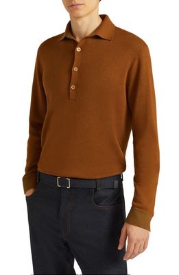 LORO PIANA Diveria Cashmere & Silk Polo Sweater in Chai Brown/C.leat. beige M