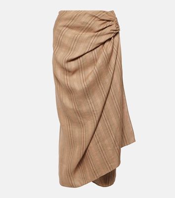 Loro Piana Leather-trimmed draped linen midi skirt