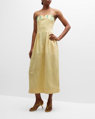Lorr Embroidered Linen Strapless Midi Dress