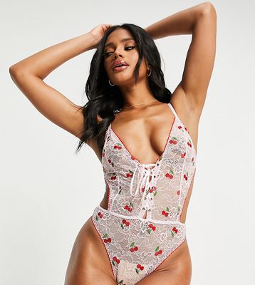 Lost Ink. fruit embroidered lace bodysuit with lace-up detail-Multi