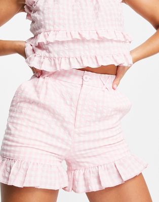 Lost Ink gingham scallop edge short in pink - part of a set