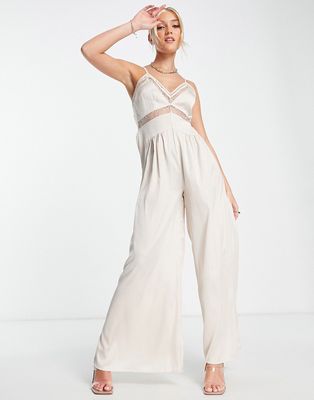 Lost Ink wide leg satin lace insert jumpsuit in champagne-White