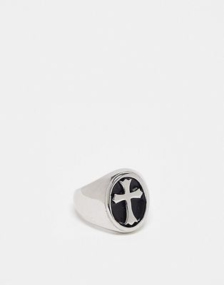 Lost Souls stainless steel cross signet ring in silver