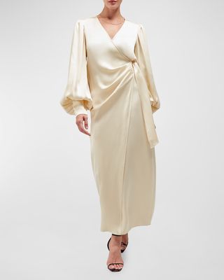 Lottie Blouson-Sleeve Silk Maxi Wrap Dress