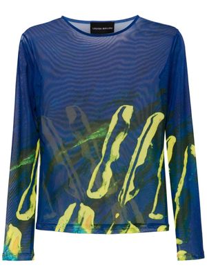 Louisa Ballou graphic-print sheer mesh top - Blue