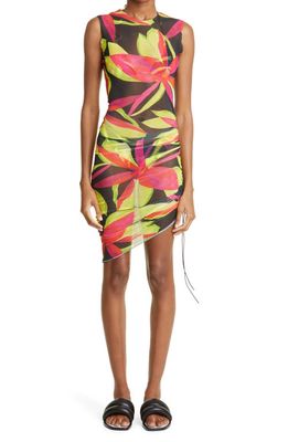 Louisa Ballou Heatwave Ruched Mesh Cover-Up Dress in Electric Pink Flower