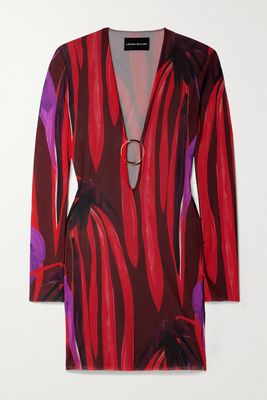 Louisa Ballou - Helios Embellished Printed Stretch-mesh Mini Dress - Red