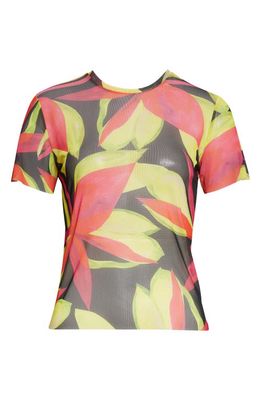 Louisa Ballou Print Mesh Beach Cover-Up T-Shirt in Electric Pink Flower