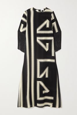 Louisa Parris - Fringed Printed Silk Crepe De Chine Maxi Dress - Black