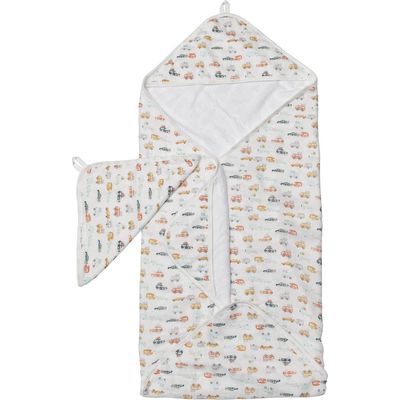 Loulou Lollipop Print Muslin Hooded Towel & Washcloth Set in Multi Cars 