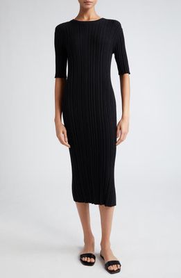Loulou Studio Elea Elbow Length Sleeve Silk Blend Rib Sweater Dress in Black