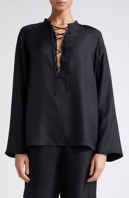 Loulou Studio Lace-Up Plunge Neck Silk Top in Black