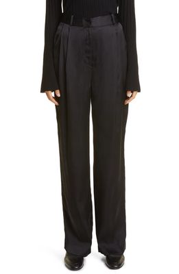 Loulou Studio Ross Pleated Wide Leg Satin Trousers in Black