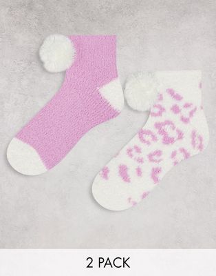 Loungeable 2 pack fluffy socks in white and lilac animal print-Purple