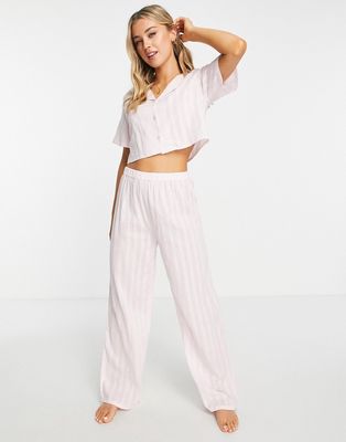 Loungeable broderie cropped camp collar top and relaxed pants pajama set in blush-Pink