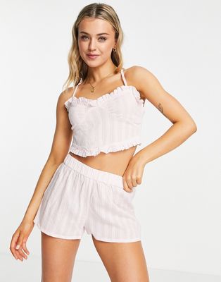 Loungeable broderie cropped tie back cami top and shorts pajama set in blush-Pink