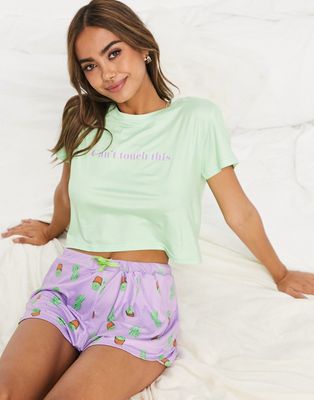 Loungeable cactus short pajama set in green and purple