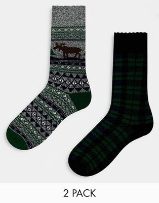 Loungeable christmas 2 pack socks in navy and gray fairisle and check