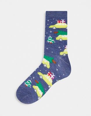 Loungeable christmas taxi socks with matching gift bag in navy