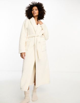 Loungeable cozy borg collar maxi robe in cream-White