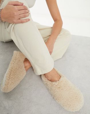 Loungeable cozy borg mule slippers in beige-White