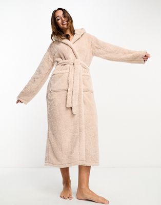 Loungeable cozy sherpa hooded maxi dressig gown in mink-Neutral