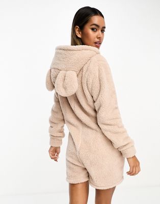 Loungeable cozy sherpa hooded romper with ears in mink-Neutral