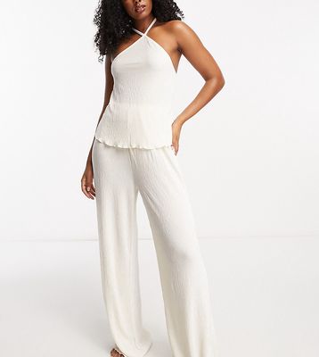 Loungeable crinkle velour halter and wide leg pants pajama set in ivory-White